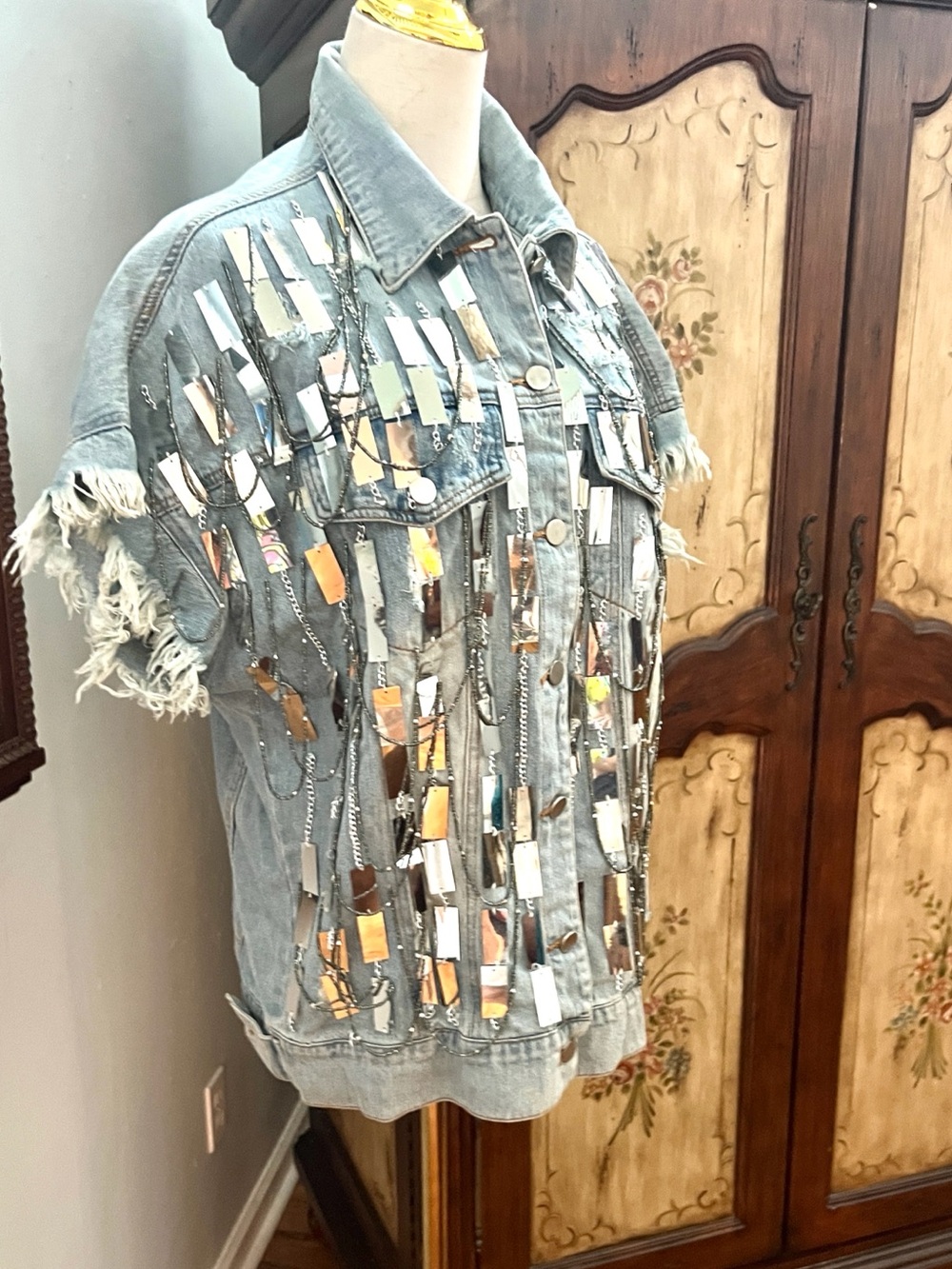Hot & Delicious Mirror Embellished Fringe Denim Jacket Western Glam Size S/M - Picture 4 of 12